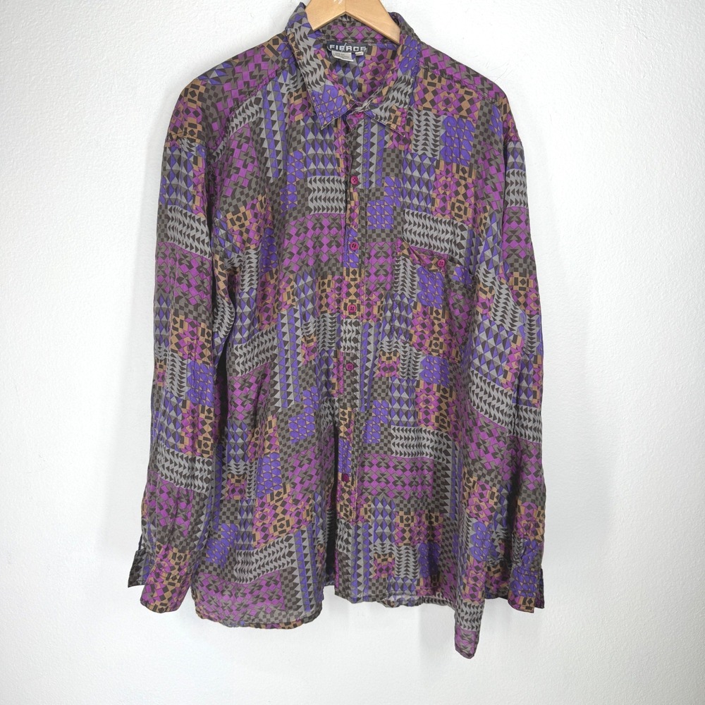 Fierce Mens XL Purple Geometric Abstract 100% Silk Long Sleeve Button Shirt 90s